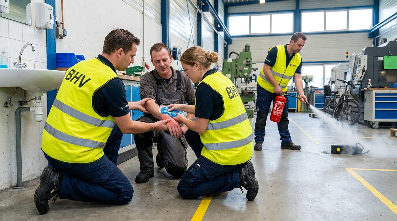 BHV'ers in gele hesjes verlenen eerste hulp (brandwond) in een werkvloer (AI-beeld)