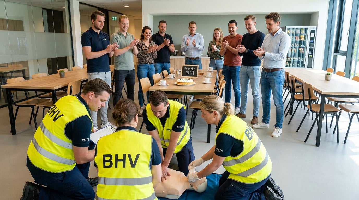 Collega's applaudisseren voor hun BHV'ers tijdens een reanimatieoefening in de bedrijfskantine, met taart en een bordje "Bedankt BHV!"