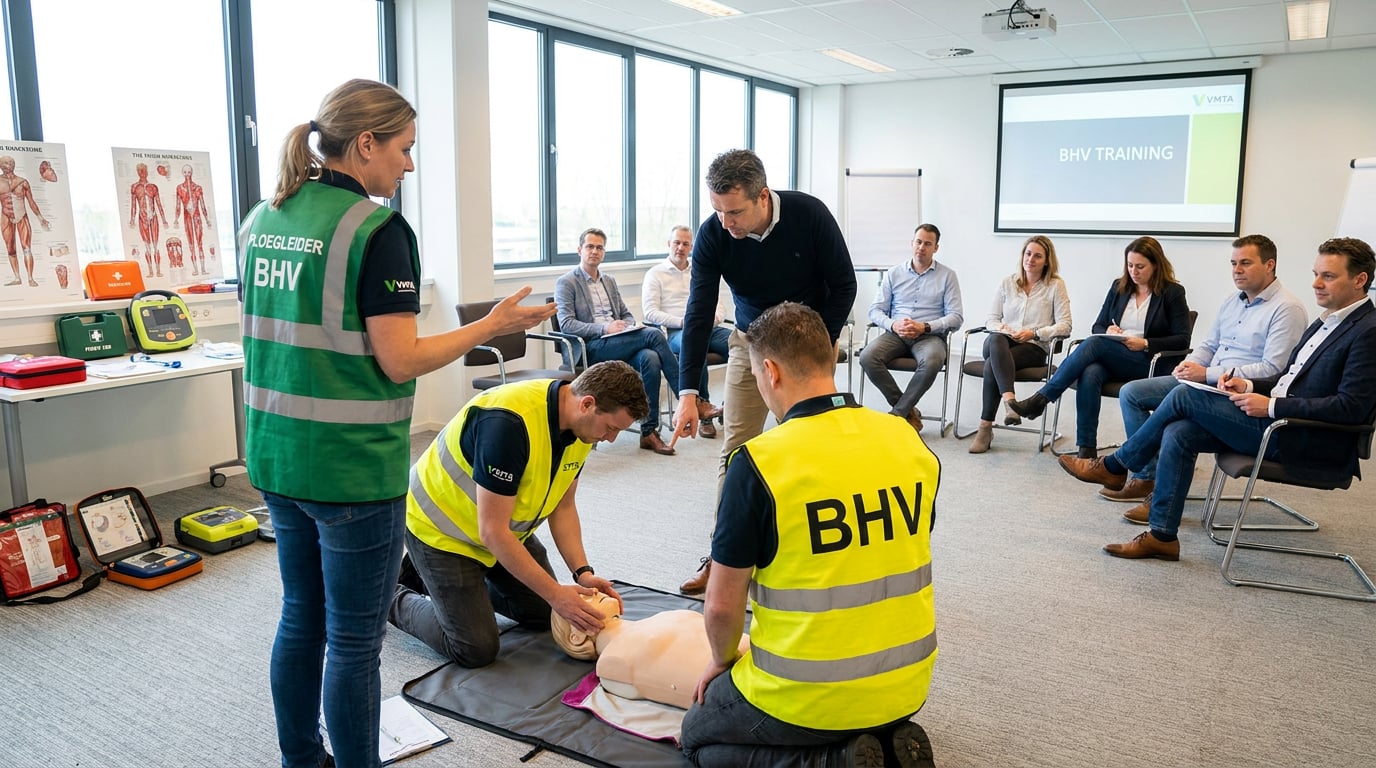 BHV'ers in gele hesjes en een ploegleider in groen hesje oefenen tijdens een training in een trainingslokaal (AI-beeld)