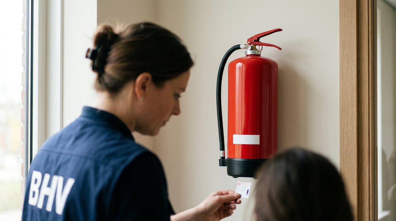 Schuimblusser aan de muur van een kantoor; een BHV-er controleert de keuringssticker