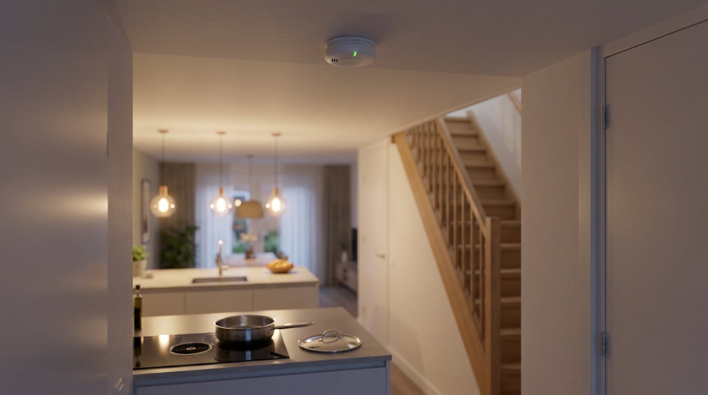 Rookmelder aan het plafond van de hal van een woning, met op de achtergrond de keuken