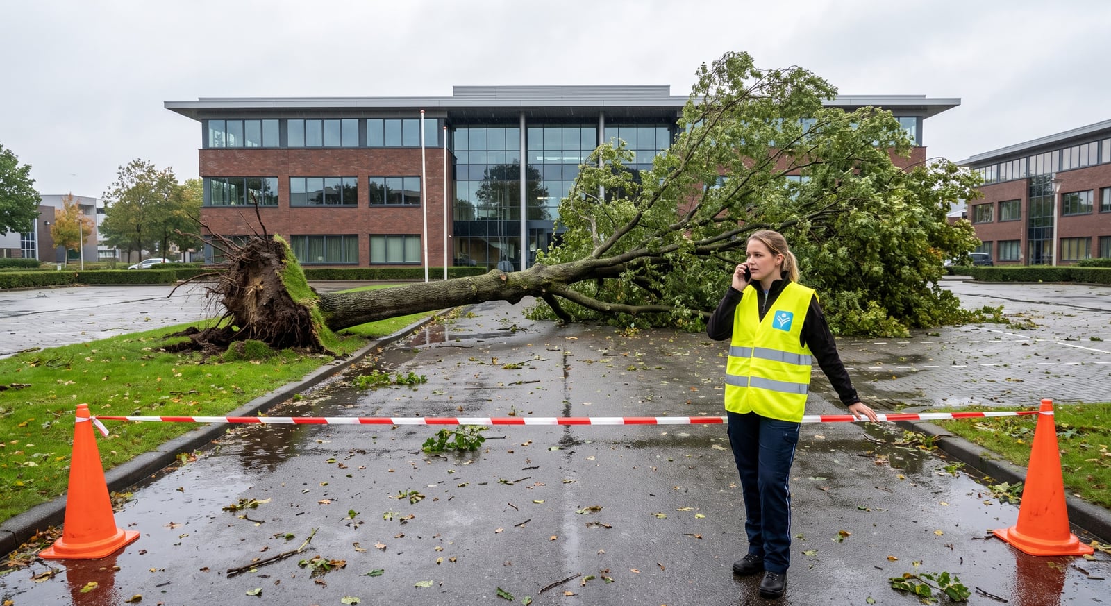 BHV'er in een geel hesje met VMTA-logo zet na een storm een omgewaaide boom bij een kantoorpand af met afzetlint en pionnen en belt ondertussen.