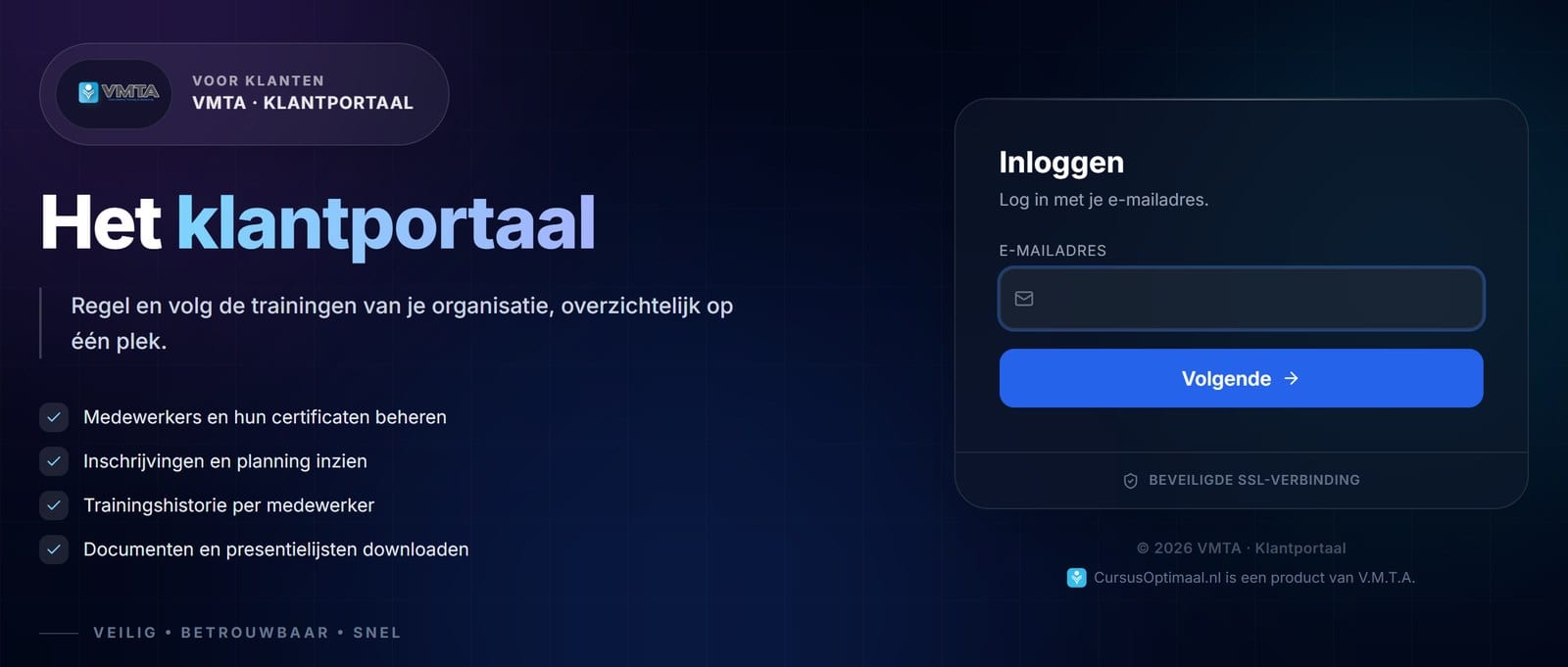 Het inlogscherm van het klantportaal van VMTA (CursusOptimaal)